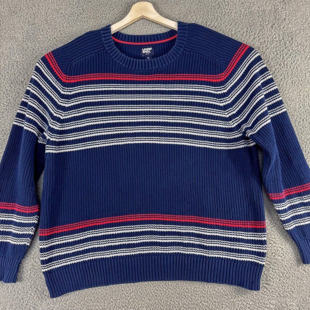 Lands End Sweater Mens XL Blue Striped Drifter Outdoor Preppy Pullover‎ Office